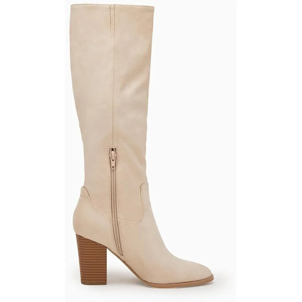 Women Faux Sueder Nude Knee High Chunky Heel Side Zipper Stretch Winter Boot